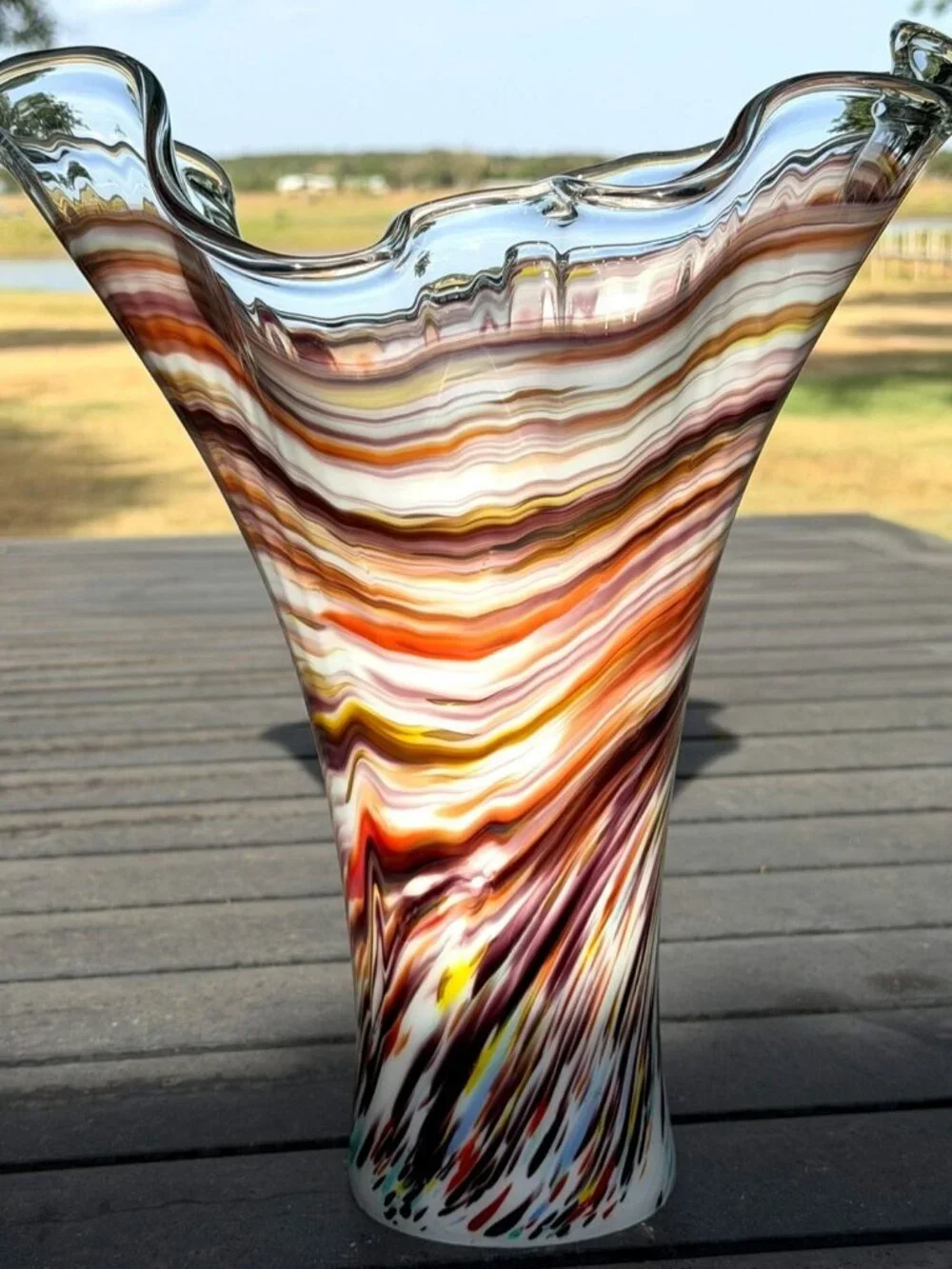 Vintage Murano Style Hand Blown Multicolor Art Glass Ruffled Vase 13.5